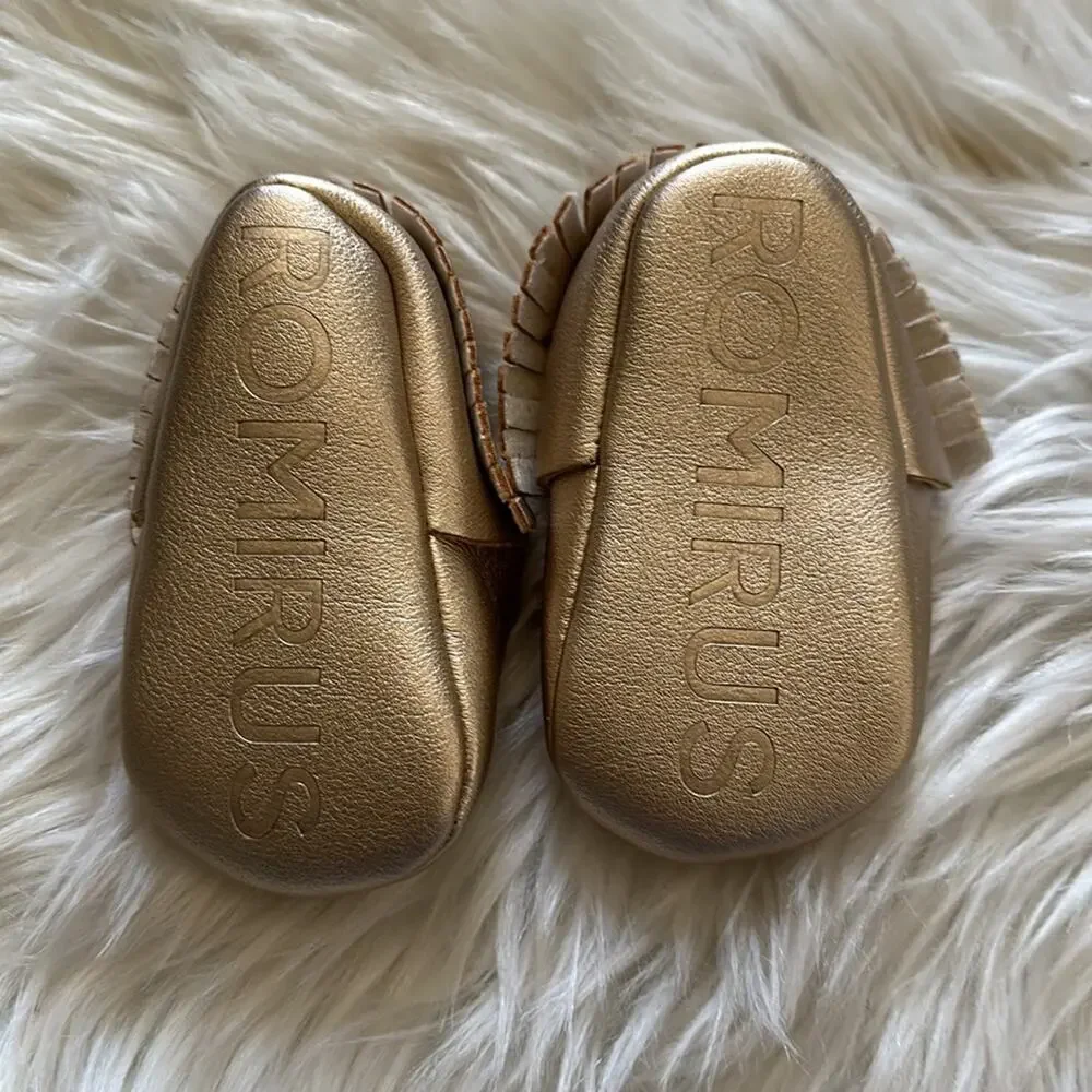 Romirus | Gold Metallic Infant Moccasins with Fringes Size 1